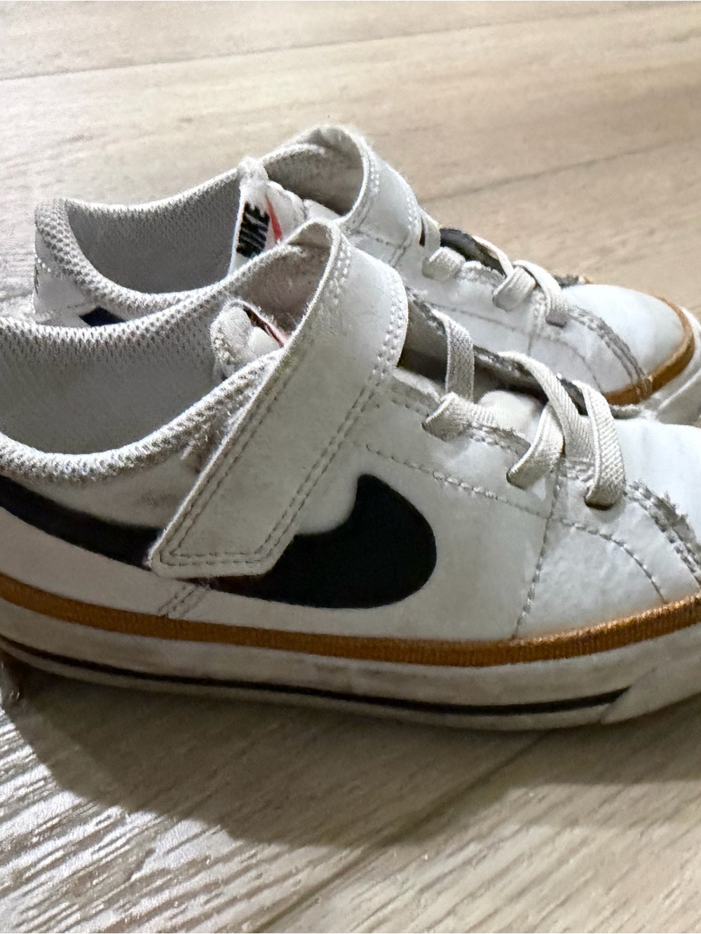 Nike Court Kids' White Sneakers with Black Swoosh and Gold Trim Size 9